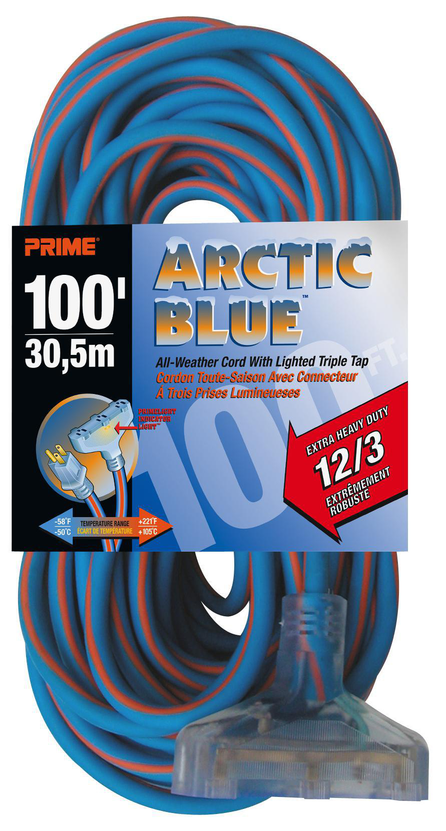 Product image for Cord extension 12AWG 3-conductor 15A 125V 1875W triple tap blue/orange 100'