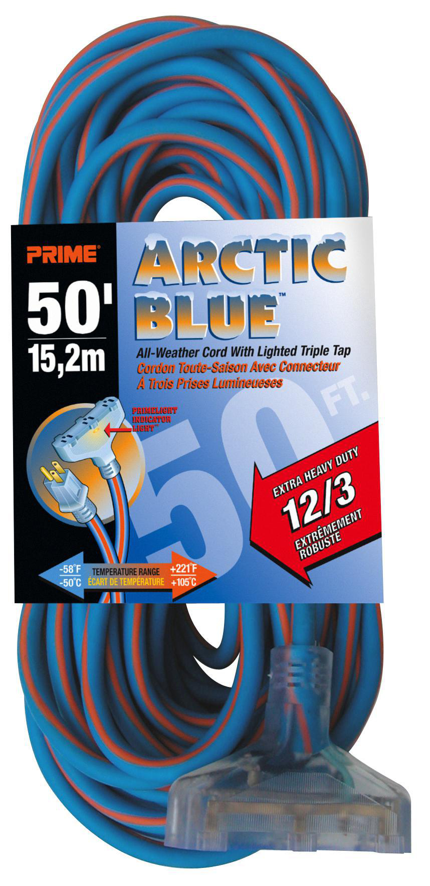 PRIMEW LT630830 CORD EXTENSION TRIPLE TAP 12/3 SJEOW 50FT BLUE/ORANGE W/INDICATOR LIGHT