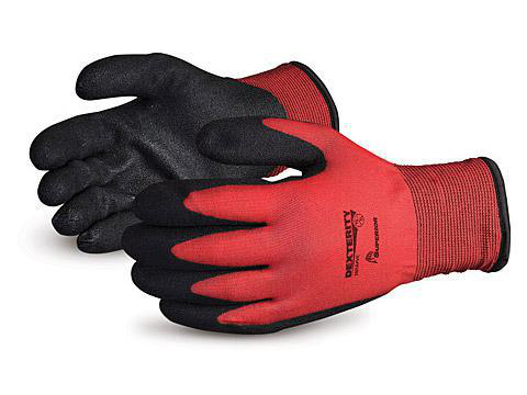 SUPERG SNTAPVC/M GLOVE PALM COATED BLACK PVC GLOVE ON A RED SEAMLESS NYLON GLOVE BLACK ACRYLIC TERRY LINER SIZE MEDUIM