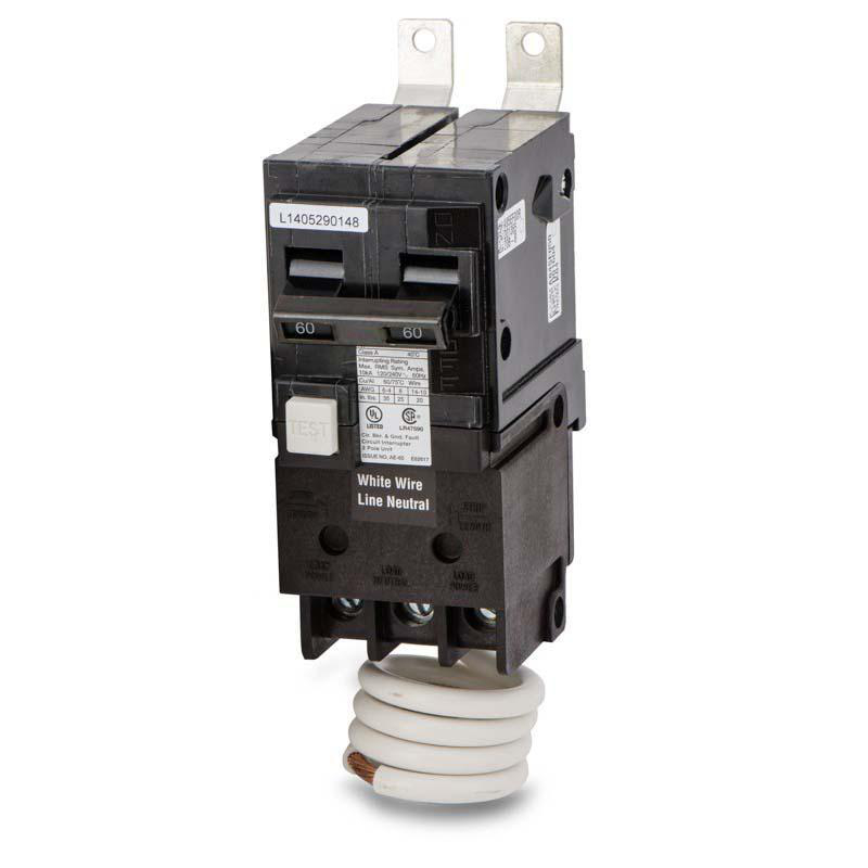 Product image for Circuit breaker 2 pole 60A bolt-on GFCI 5mA