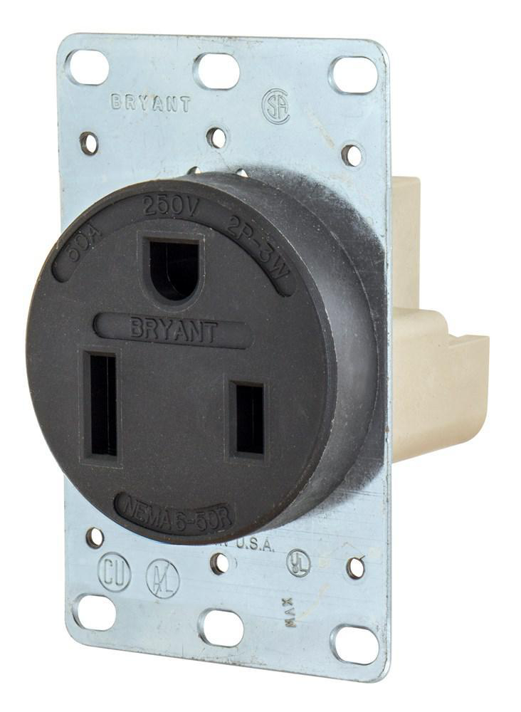 Product image for Straight Blade Devices, Receptacles, Flush Mount Single, Commercial/Industrial Grade, 50A 250V, 2-Pole 3-Wire Grounding, 6-50R, Black, Single Pack