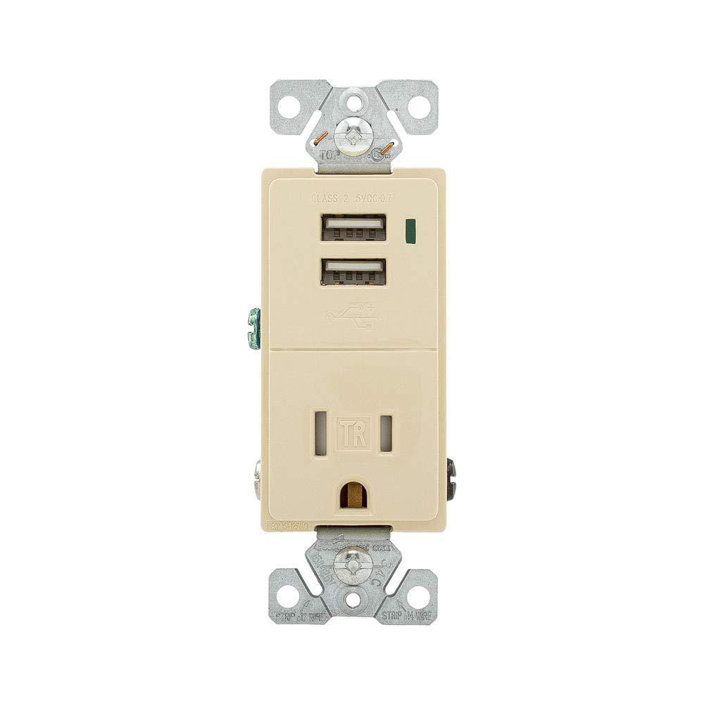 Product image for COMBO 2 PORT USB RECEPTACLE 15A 125V IV