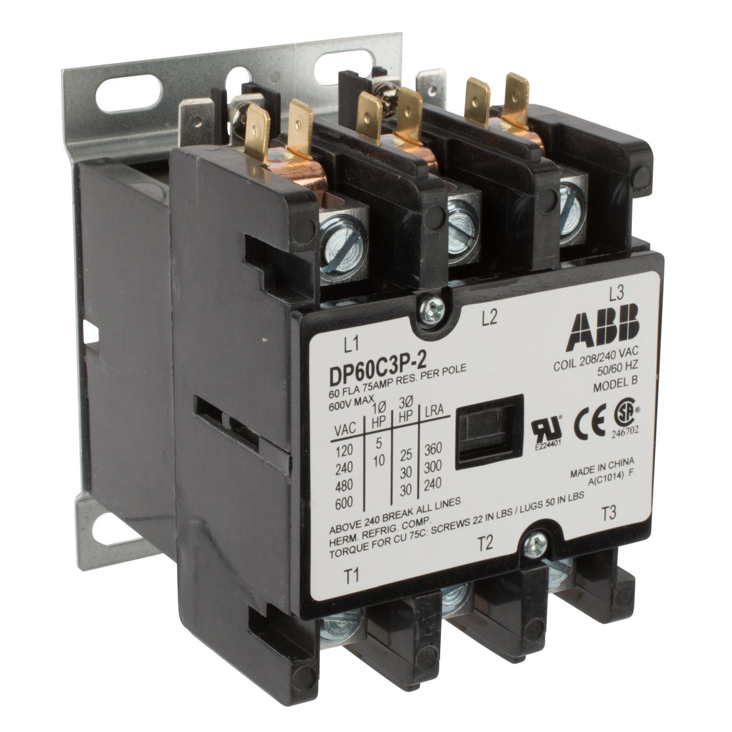 Product image for ABB DP60C3P-2 60A 3P 208/240V DEFINITE PURPOSE CONTACTOR