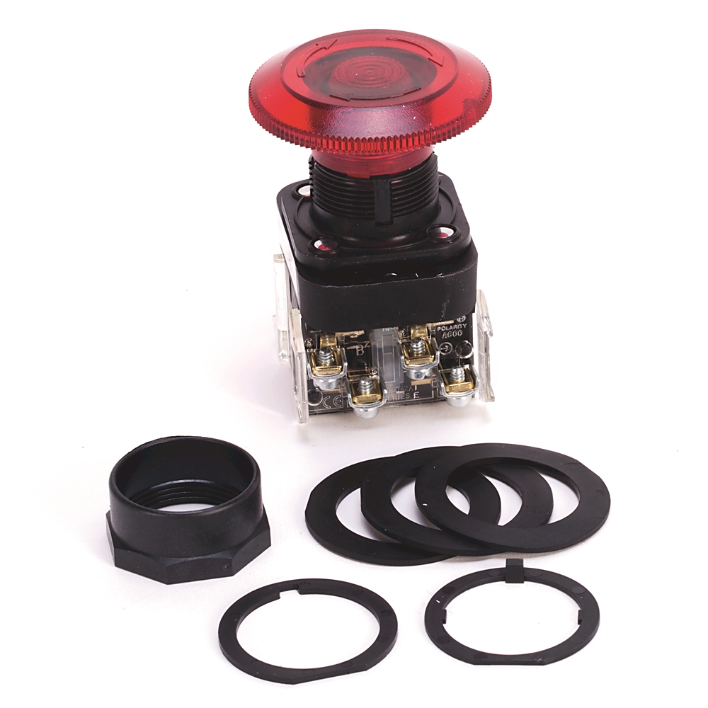 Product image for Pushbutton push-pull/twist 2NCLB jumbo mushroom head incandescent 24VAC/DC red