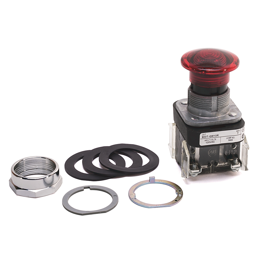 Product image for ABRA 800T-QM10R PUSHBUTTON 30.5MM 120V FULL VOLTAGE MUSHROOM HEAD NO GUARD RED