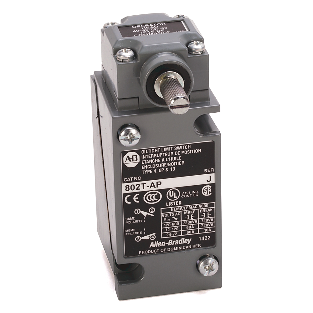 ABRA 802T-HP LIMIT SWITCH NEMA TYPE 4 AND 13 OILTIGHT CONSTRUCTION PLUG-IN LEVER TYPE SPRING RETURN HIGH OPERATING TORQUE 2-CIRCUIT CLOCKWISE AND COUNTERCLOCKWISE OPERATION
