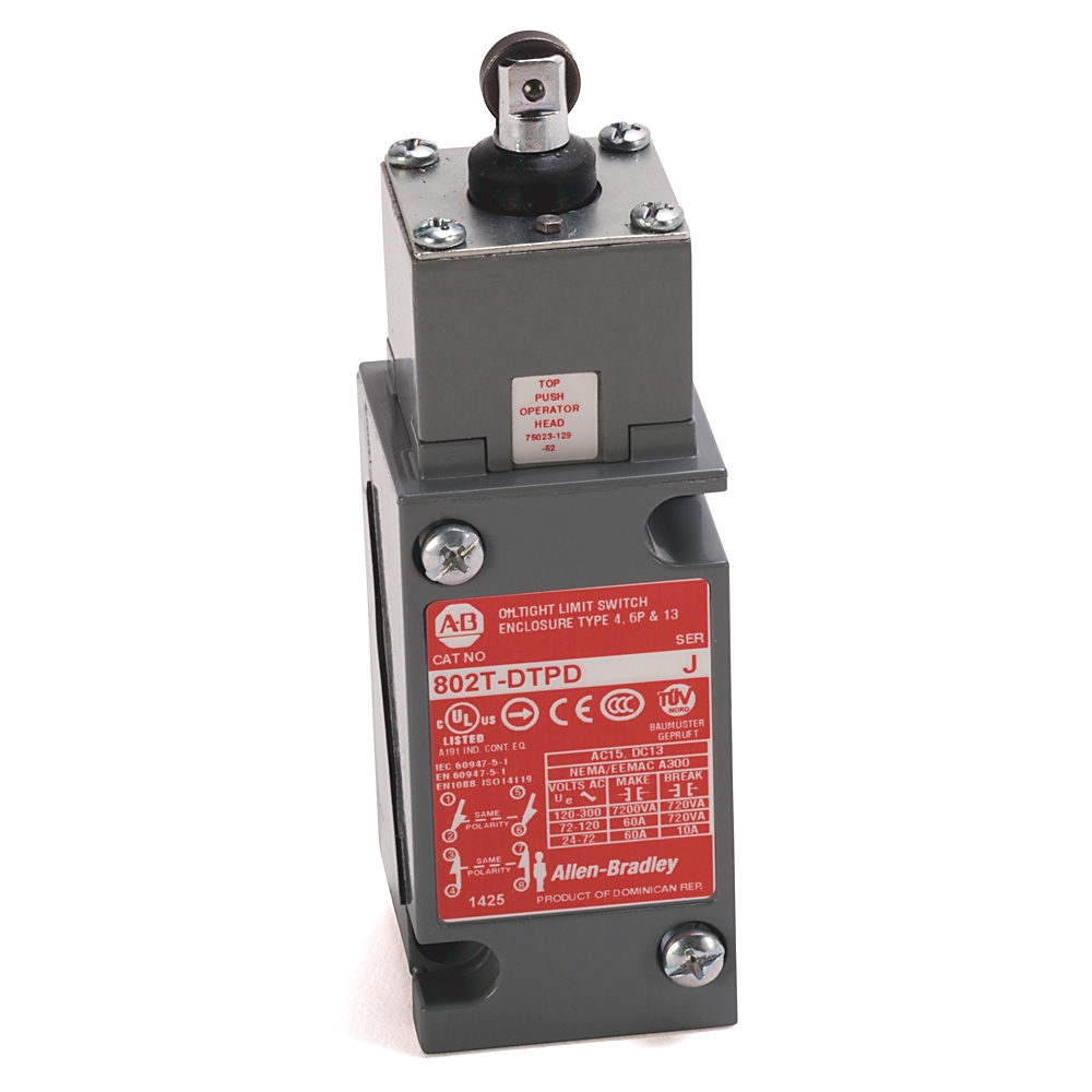 Product image for ABRA 802T-DTPJ1 LIMIT SWITCH NEMA TYPE 4 AND 13 OILTIGHT CONSTRUCTION PLUG-IN TOP PUSH ROLLER 4-CIRCUIT WHOLE SWITCH 9-PIN MINI-TYPE RECEPTACLE (J1 WIRING)