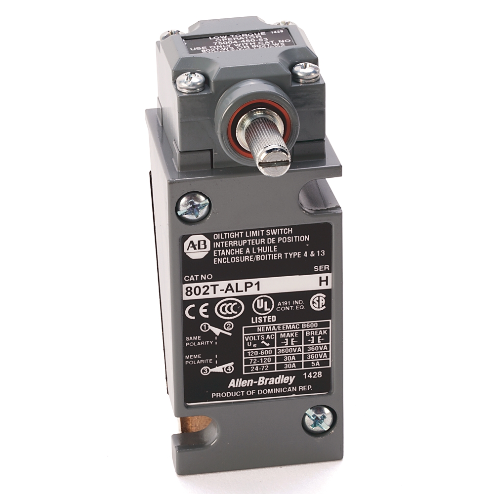 Product image for ABRA 802T-ALPJ1 LIMIT SWITCH NEMA 4 AND 13 OILTIGHT PLUG-IN 2-CIRCUIT SPDT LEVER TYPE CLOCKWISE COUNTERCLOCKWISE OPERATION SPRING RETURN WITH 5-PIN MINI QD RECEPTACLE