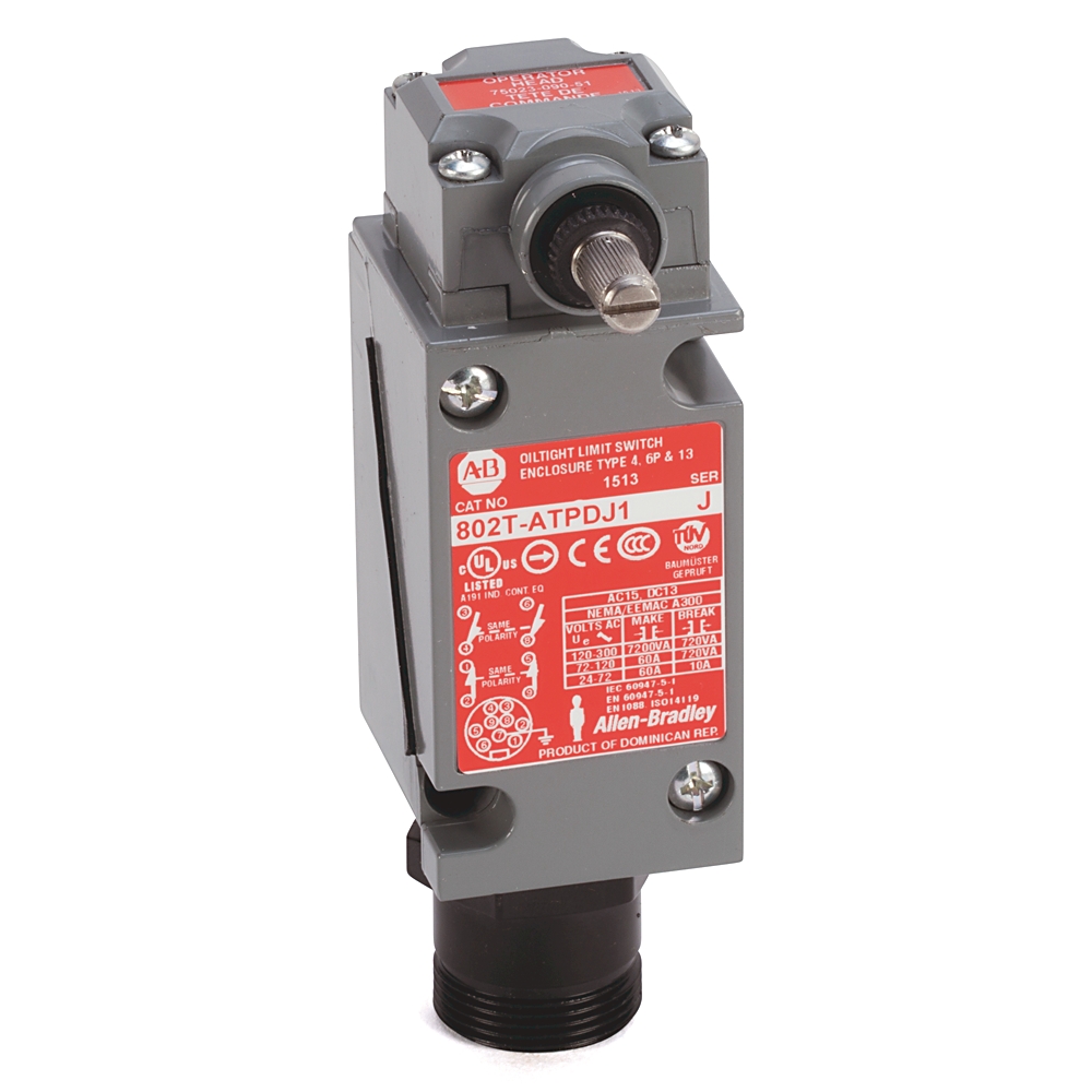 Product image for ABRA 802T-ATPDJ1 LIMIT SWITCH NEMA TYPE 4 AND 13 OILTIGHT CONSTRUCTION PLUG-IN SAFETY SWITCH LEVER TYPE SPRING RETURN STANDARD OPERATING TORQUE 4-CIRCUIT CLOCKWISE AND COUNTERCLOCKWISE OPERATION WHOLE SWITCH 9-PIN MINI-TYPE RECEPTACLE (J1 WIRING)