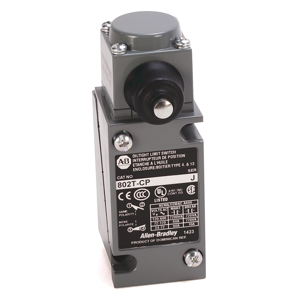 ABRA 802T-CP LIMIT SWITCH NEMA TYPE 4 AND 13 OILTIGHT CONSTRUCTION PLUG-IN SIDE PUSH ROD 2-CIRCUIT