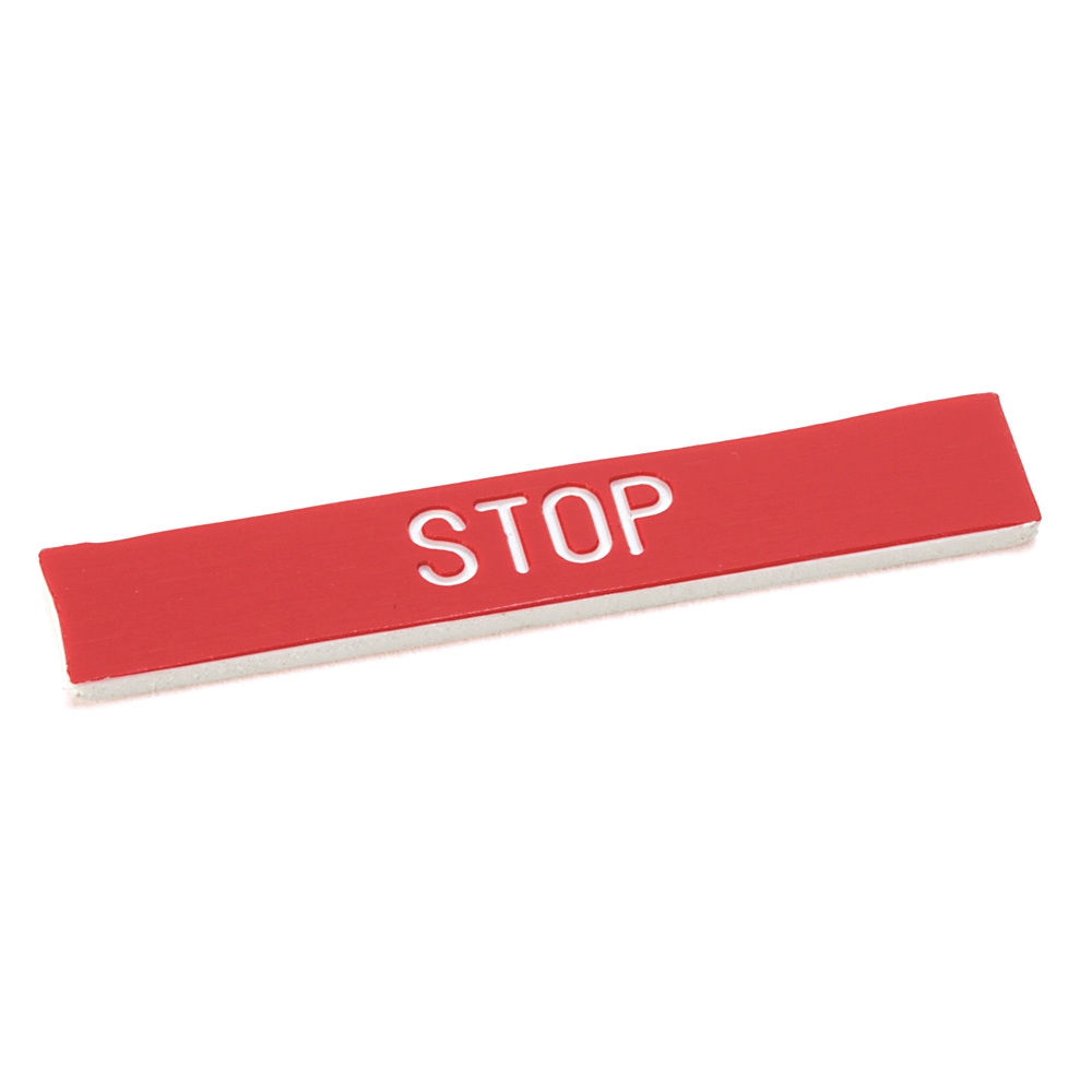 Product image for Plate legend EMERG STOP flip lever NEMA-4/4X red