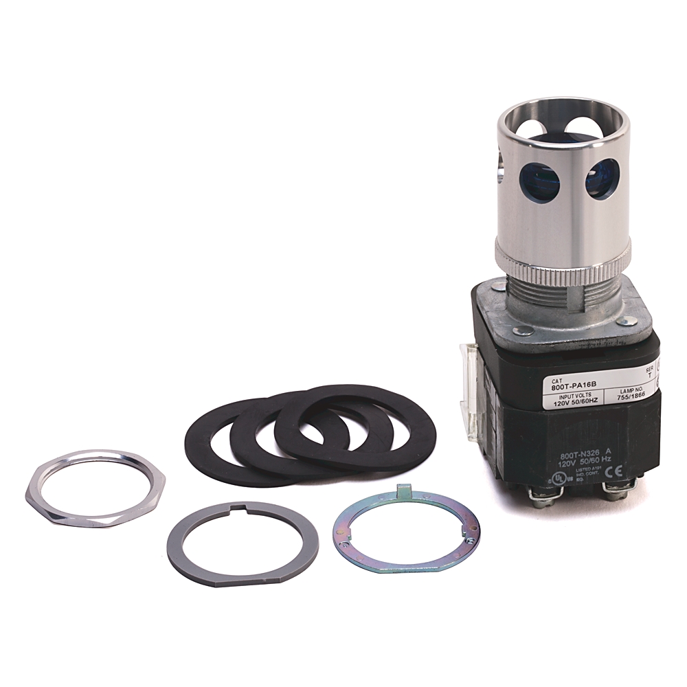 Product image for ABRA 800T-PA16B PUSHBUTTON 30.5MM 120V TRANSFORMER TYPE EXTENDED HEAD W GUARD BLUE LENS