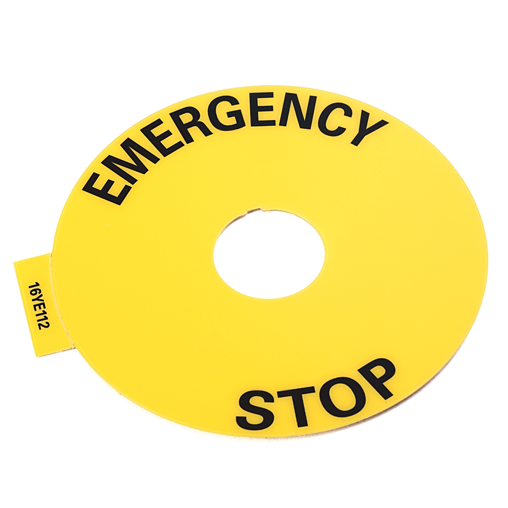 Product image for Legend plate 22mm yellow 90mm round EMERGENCY STOP