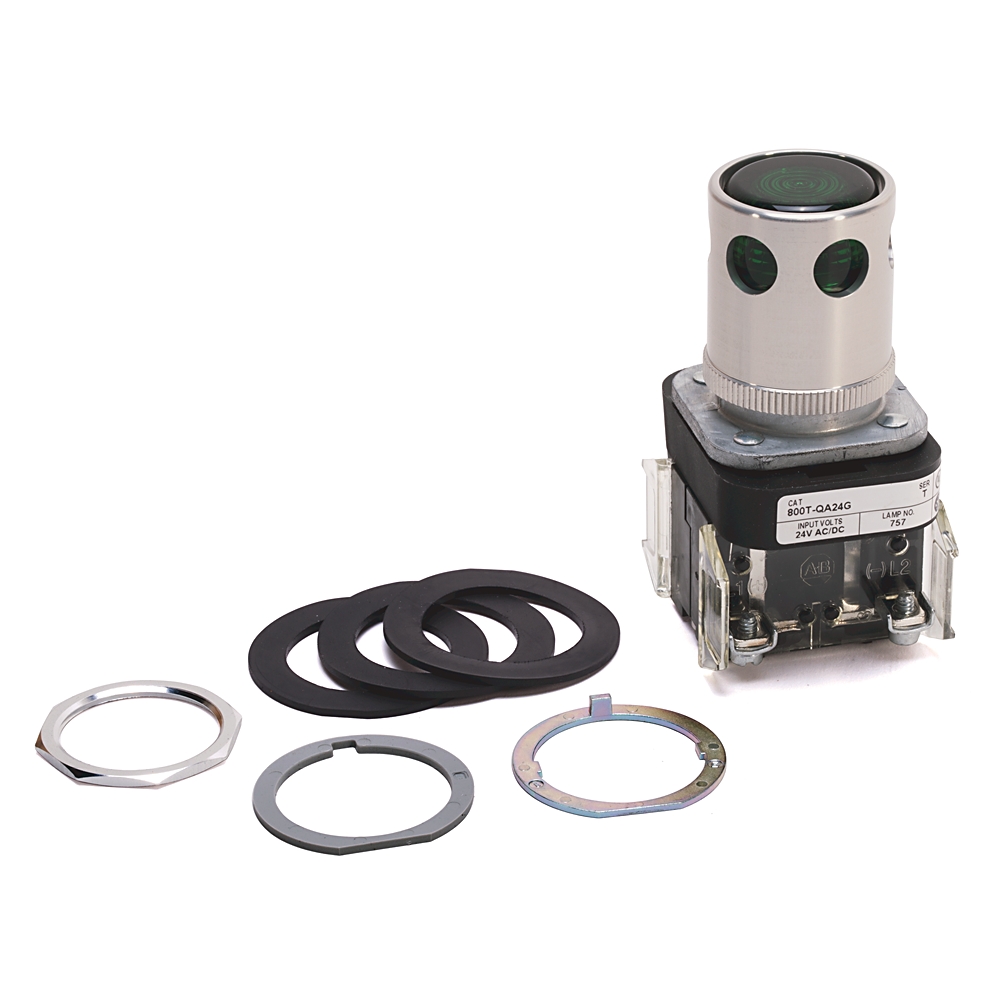Product image for ABRA 800T-QA24G PUSHBUTTON 30.5MM 24V FULL VOLTAGE TYPE EXTENDED HEAD ILLUMINATED GREEN LENS