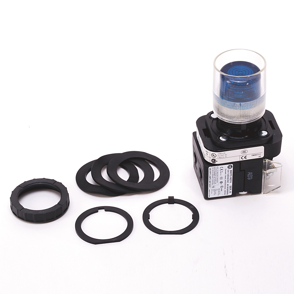 Product image for Pushbutton 1NO extended head with guard LED 12-130VAC/DC blue lens
