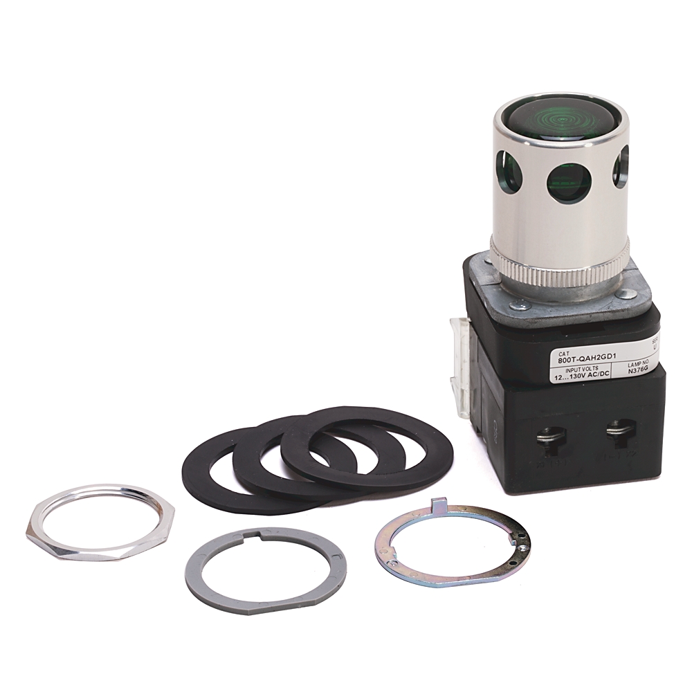 Product image for ABRA 800T-QAH2GD1 PUSHBUTTON 30.5MM 10V- 130V FULL VOLTAGE TYPE EXTENDED HEAD LED GREEN LENS