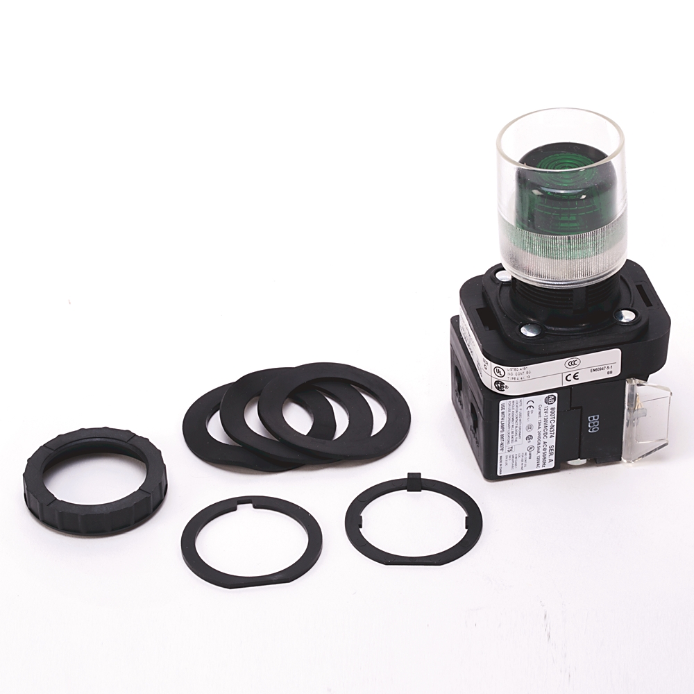 Product image for Pushbutton 1NO extended head with guard LED 12-130VAC/DC green lens
