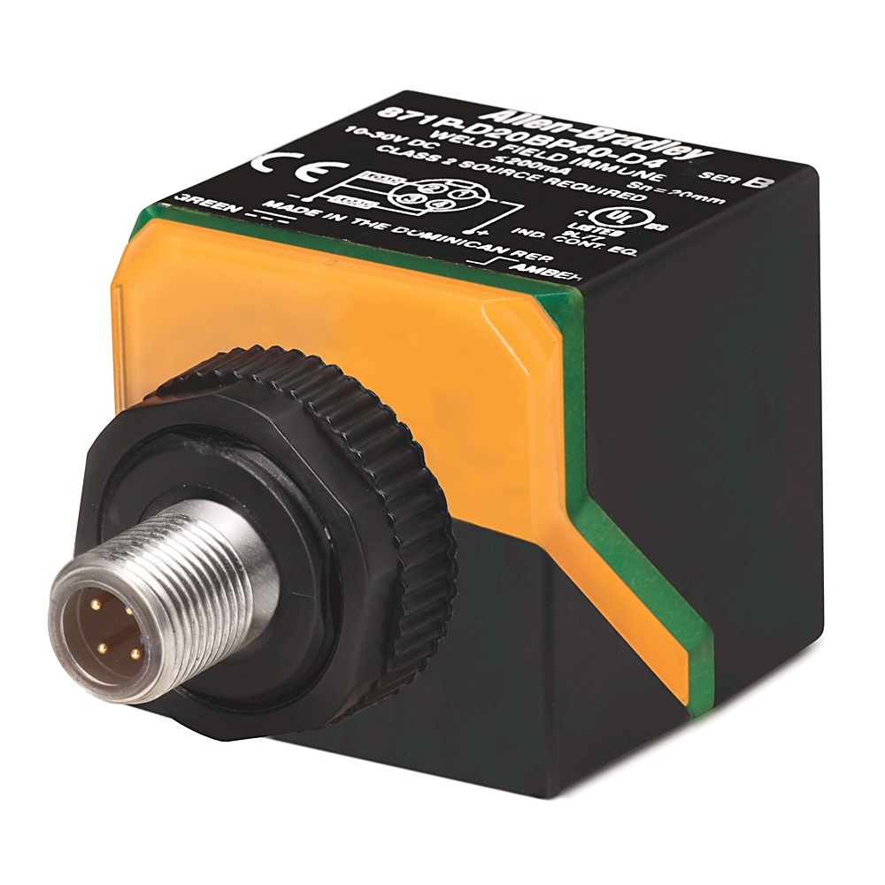 ABRA 871P-DV40BP40-D4 PROXIMITY SENSOR, 4-WIRE DC, 40MM HEAD SIZE, CUBE OR RECTANGULAR, WELD FIELD IMMUNE, WITH TOUGHCOAT/WELD-SLAG RESISTANT FINISH, 40MM SENSING DISTANCE, N.O. AND N.C., SOURCE (PNP), MICRO QD (DC)