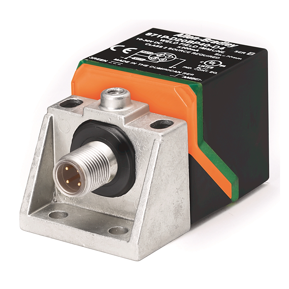 Product image for ABRA 871P-D20BP40-D4 PROXIMITY SENSOR, 4-WIRE DC, 40MM HEAD SIZE, CUBE OR RECTANGULAR, WELD FIELD IMMUNE, WITHOUT TOUGHCOAT/WELD-SLAG RESISTANT FINISH, 20MM SENSING DISTANCE, N.O. AND N.C., SOURCE (PNP), MICRO QD (DC)