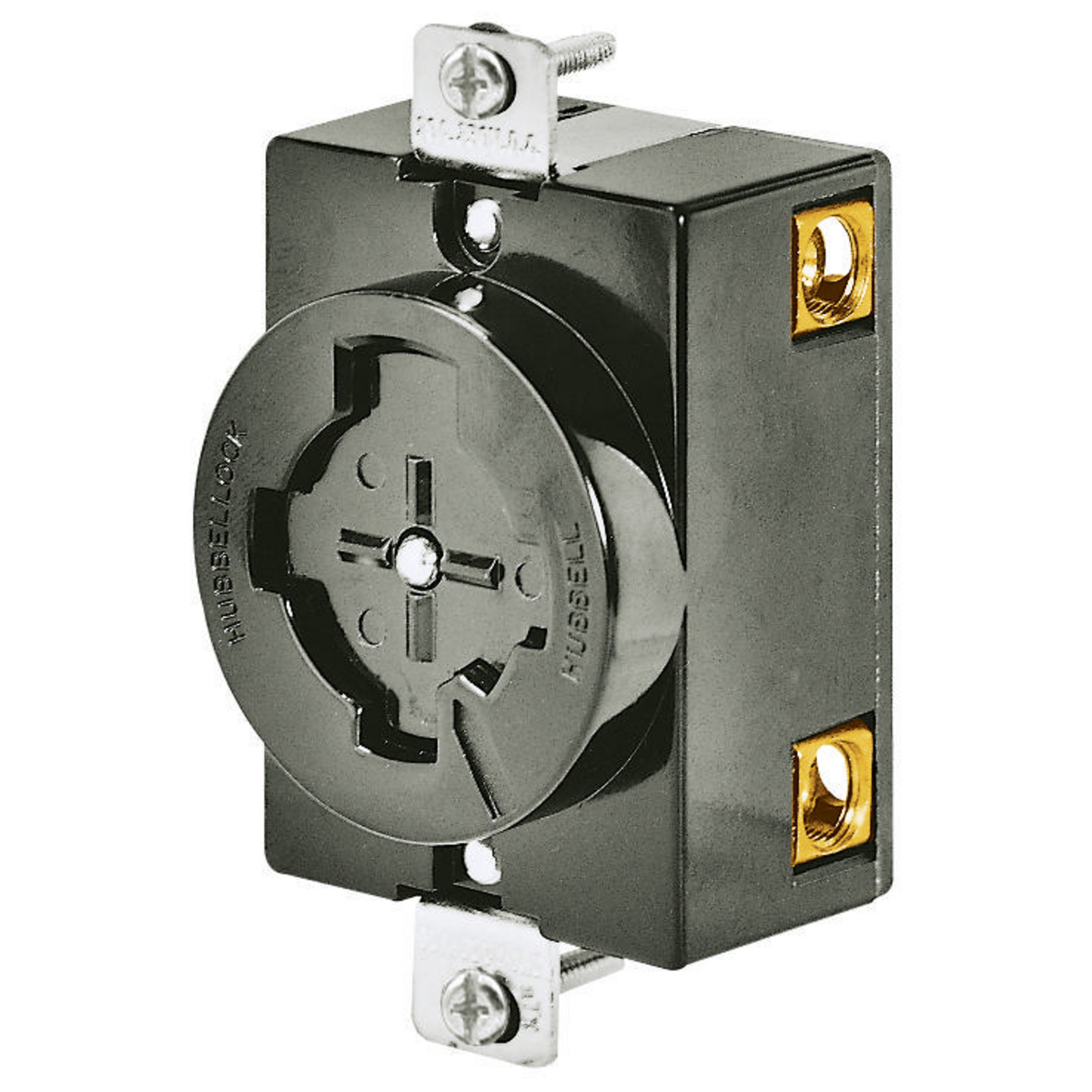 Product image for Locking Devices, Bryant Power Interrupting, Industrial, Receptacle,30A 250V DC/600V AC, 3-Pole 4-Wire Grounding, Non-NEMA, Screw Terminal, Black