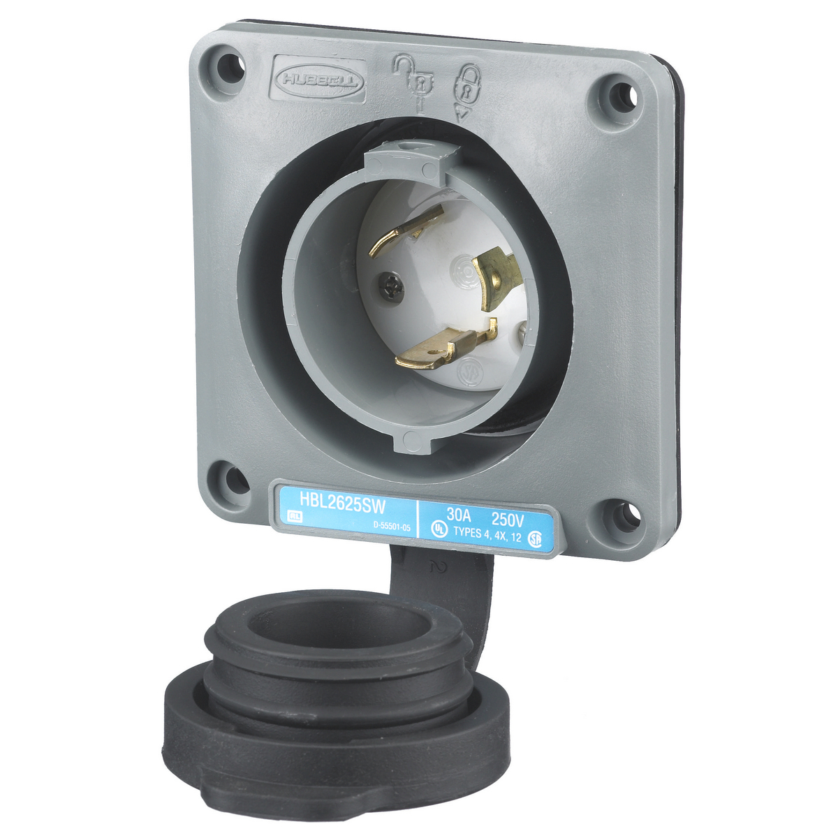 HUB HBL2625SW INLET 30A 250V FLANGED LOCKING WATERTIGHT SAFETY SHROUD L6-30P