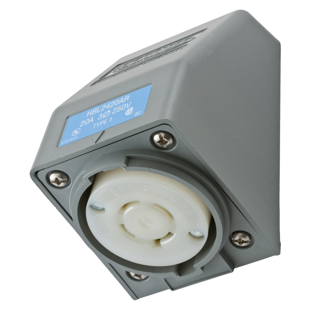 Product image for Receptacle L15-20R outlet angle 3ph 20A 250V gray