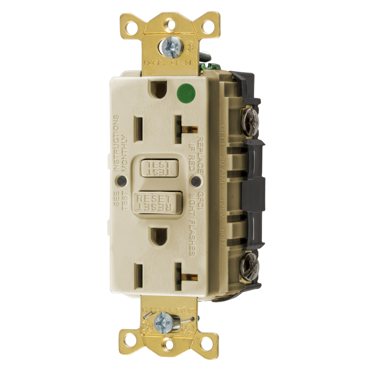 Product image for Receptacle GFCI hospital grade 1HP NEMA 5-20R 20A 125V ivory