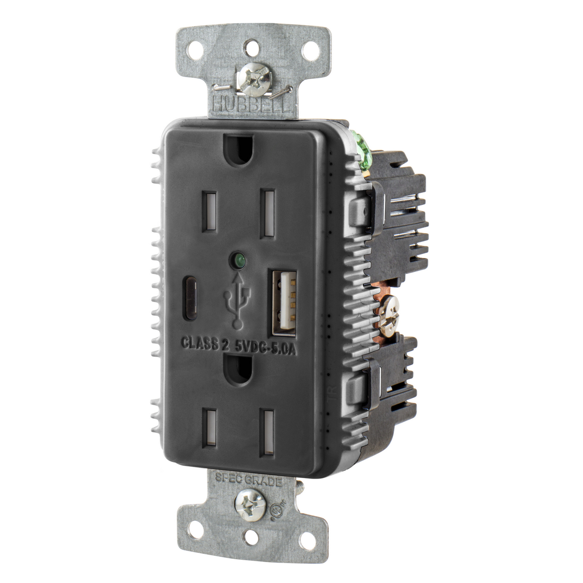HUB USB15AC5BK RECEPTACLE USB CHARGER DUPLEX 15A 125V 2POLE 3WIRE 5-15R BLACK