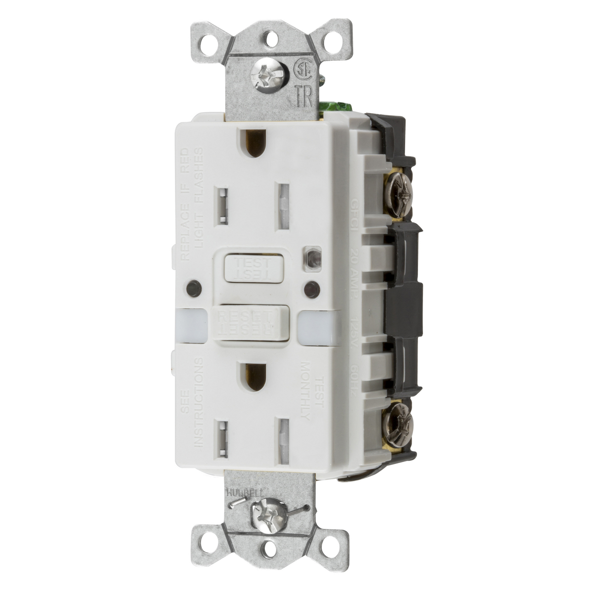 Product image for HUB GFTRST15WNL RECEPTACLE GFCI 15A 125V 2POLE 3WIRE COMMERCIAL GRADE SELF TEST TR W/ NIGHTLIGHT WHITE