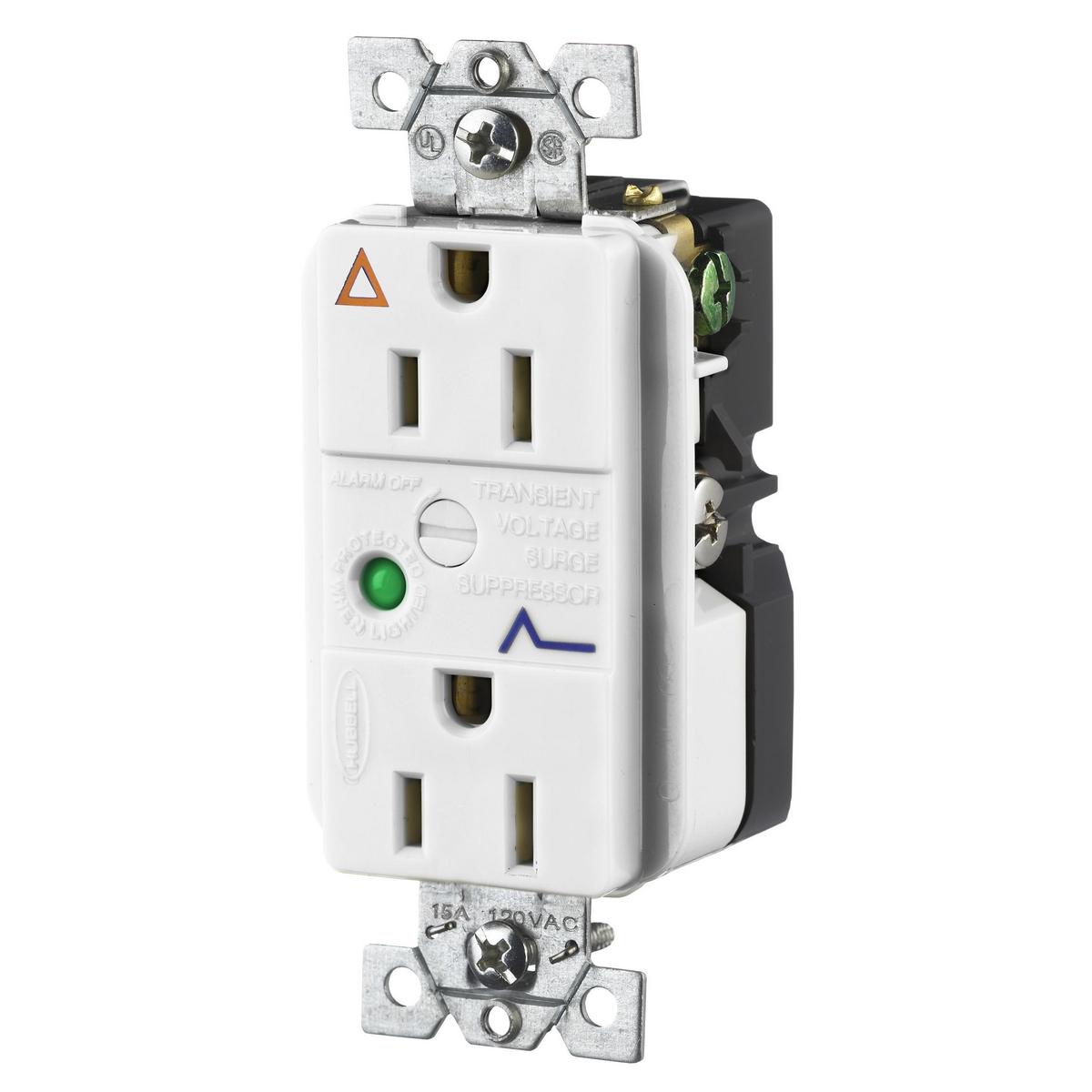 Product image for IG TVSS Duplex Receptacle with Light and Alarm, 15A 125V, 5-15R, White