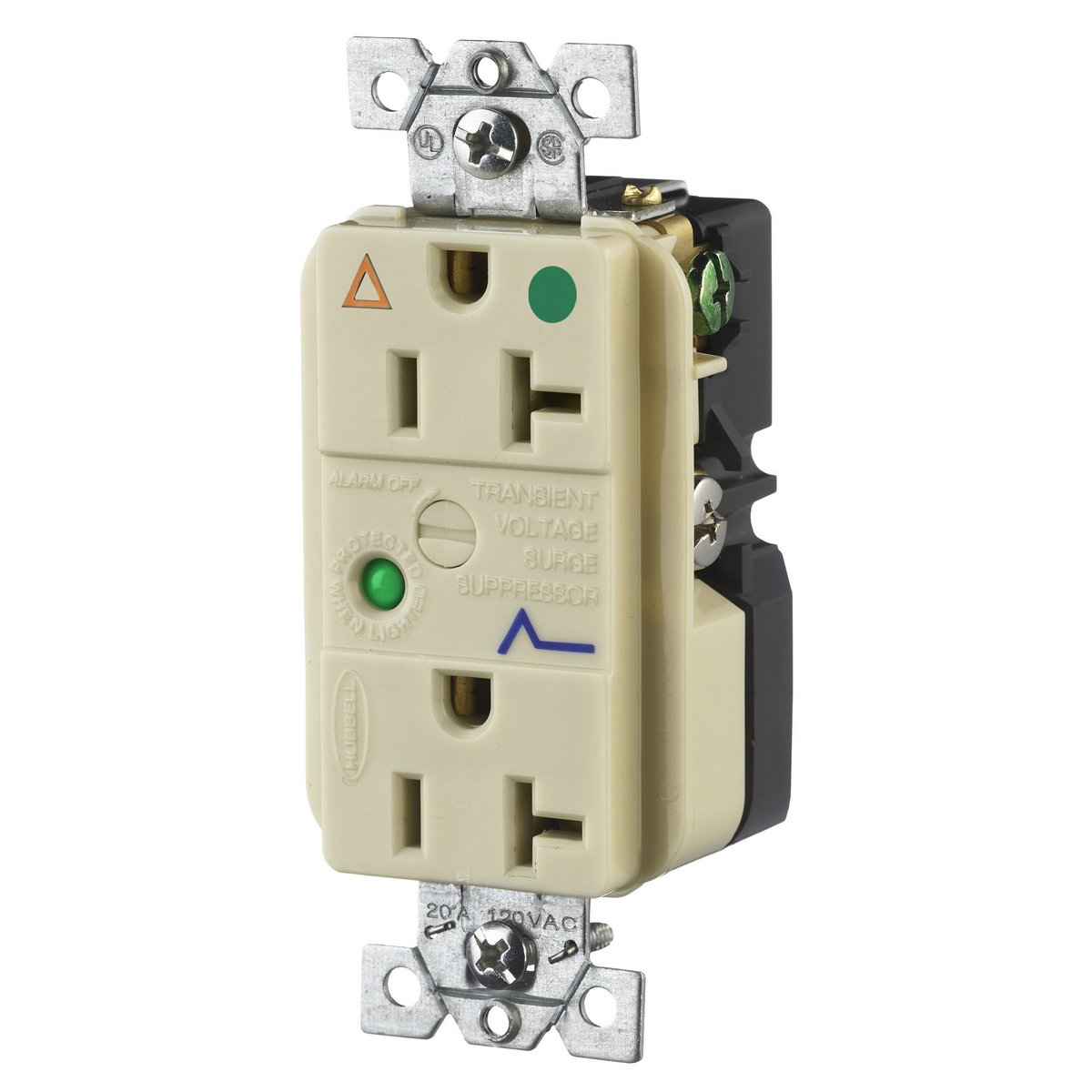Product image for Receptacle duplex 2-pole 3-wire surge suppression 20A 125V ivory