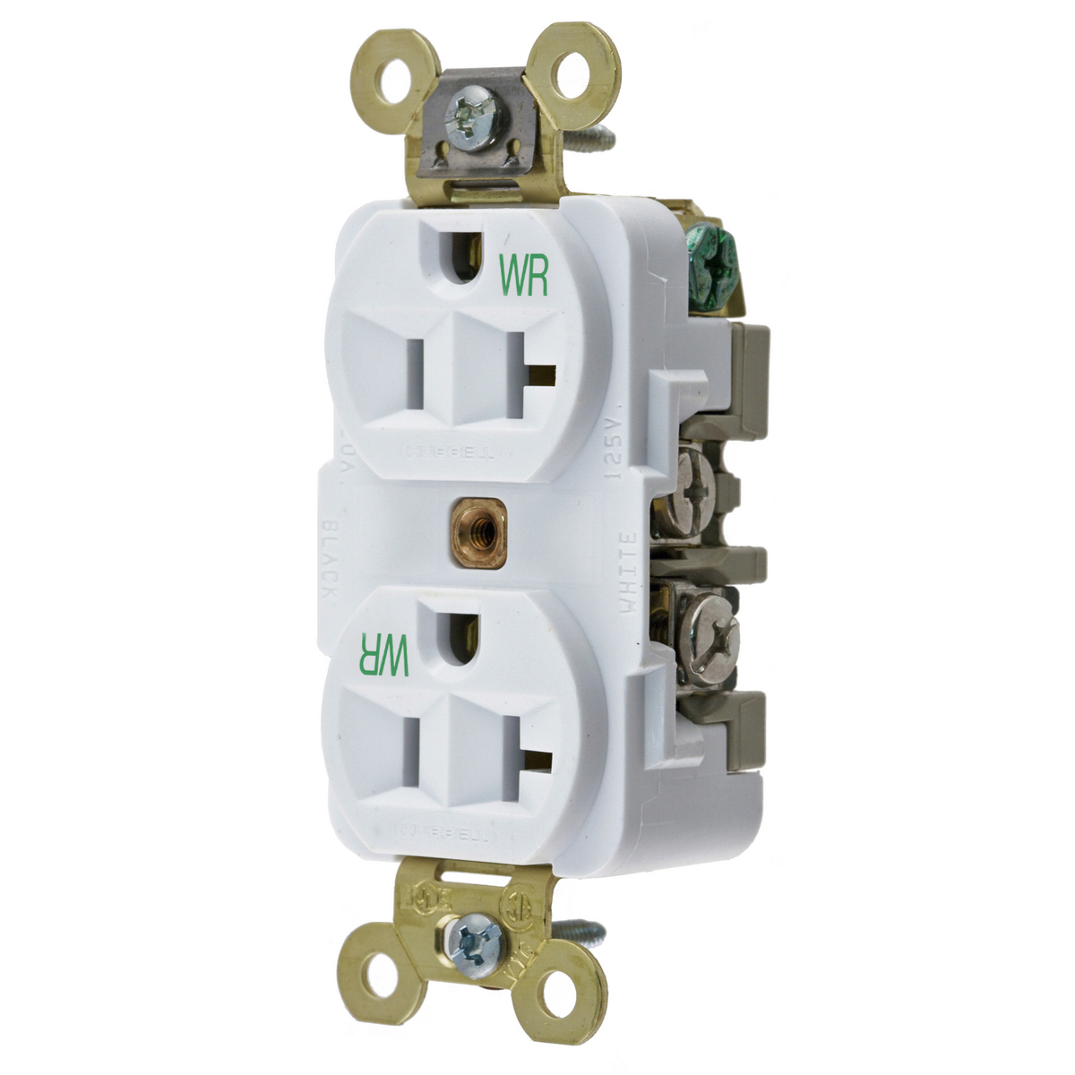 Product image for Straight Blade Devices, Receptacles, Weather-Resistant Duplex, Industrial Grade, 20A 125V, 2-Pole 3-Wire Grounding, 5-20R, White, Single Pack