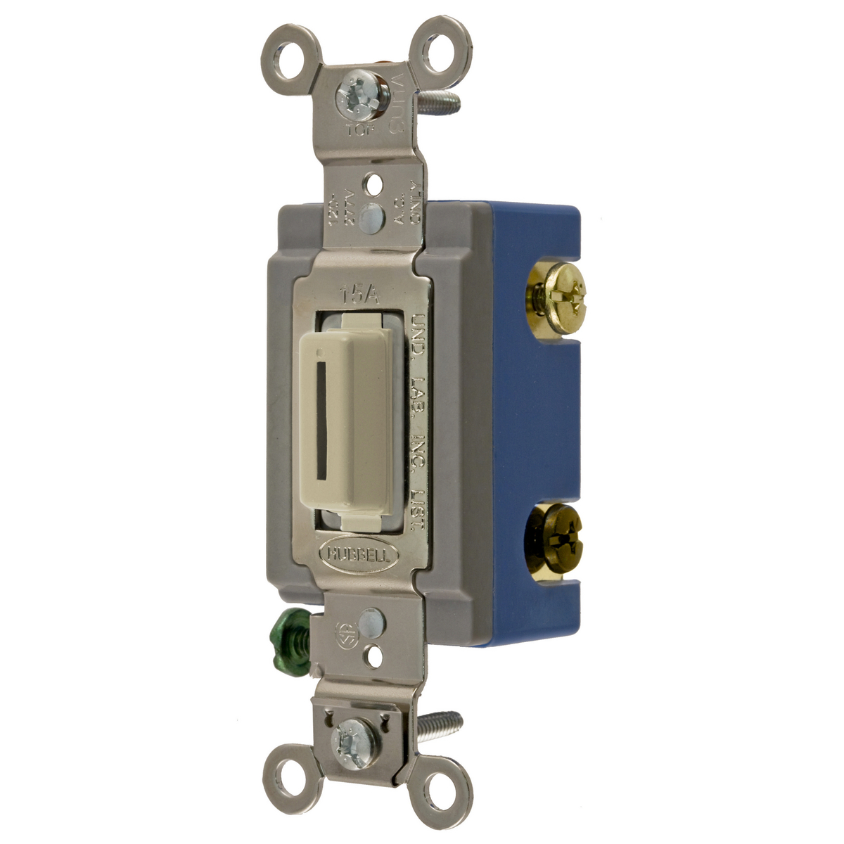 Product image for Switches and Lighting Controls,Extra Heavy Duty Industrial Grade, Locking Toggle Switches, General Purpose AC, Three Way, 15A 120/277V AC, Back and Side Wired, Ivory Key Guide