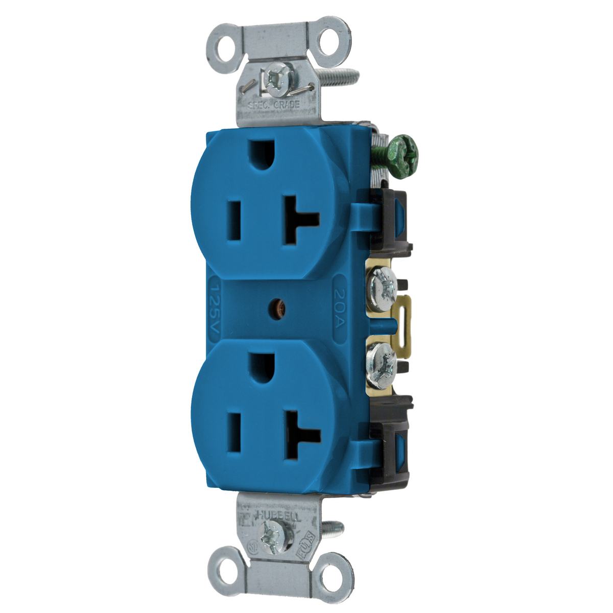 Product image for Straight Blade Devices, DuplexReceptacle, Commercial Grade, 20A 125V, 2-Pole 3-Wire Grounding, 5-20R, Back and Side Wired, Blue