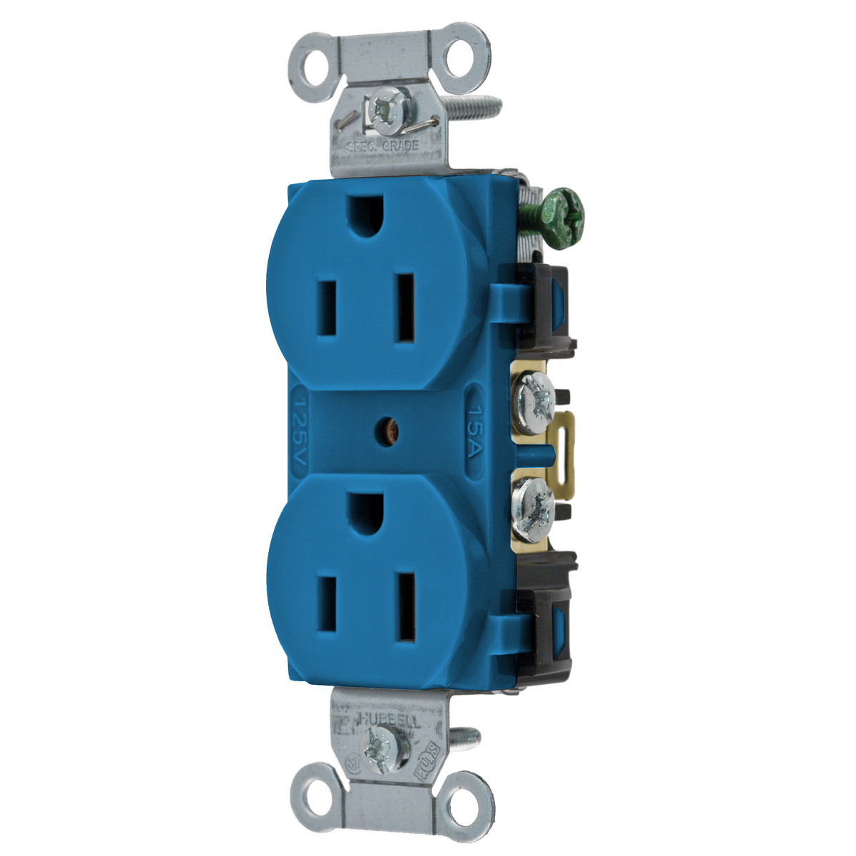 Product image for Straight Blade Devices, Receptacles, Duplex, Commercial/Industrial Grade, 2-Pole 3-Wire Grounding, 15A 125V, 5-15R, Blue