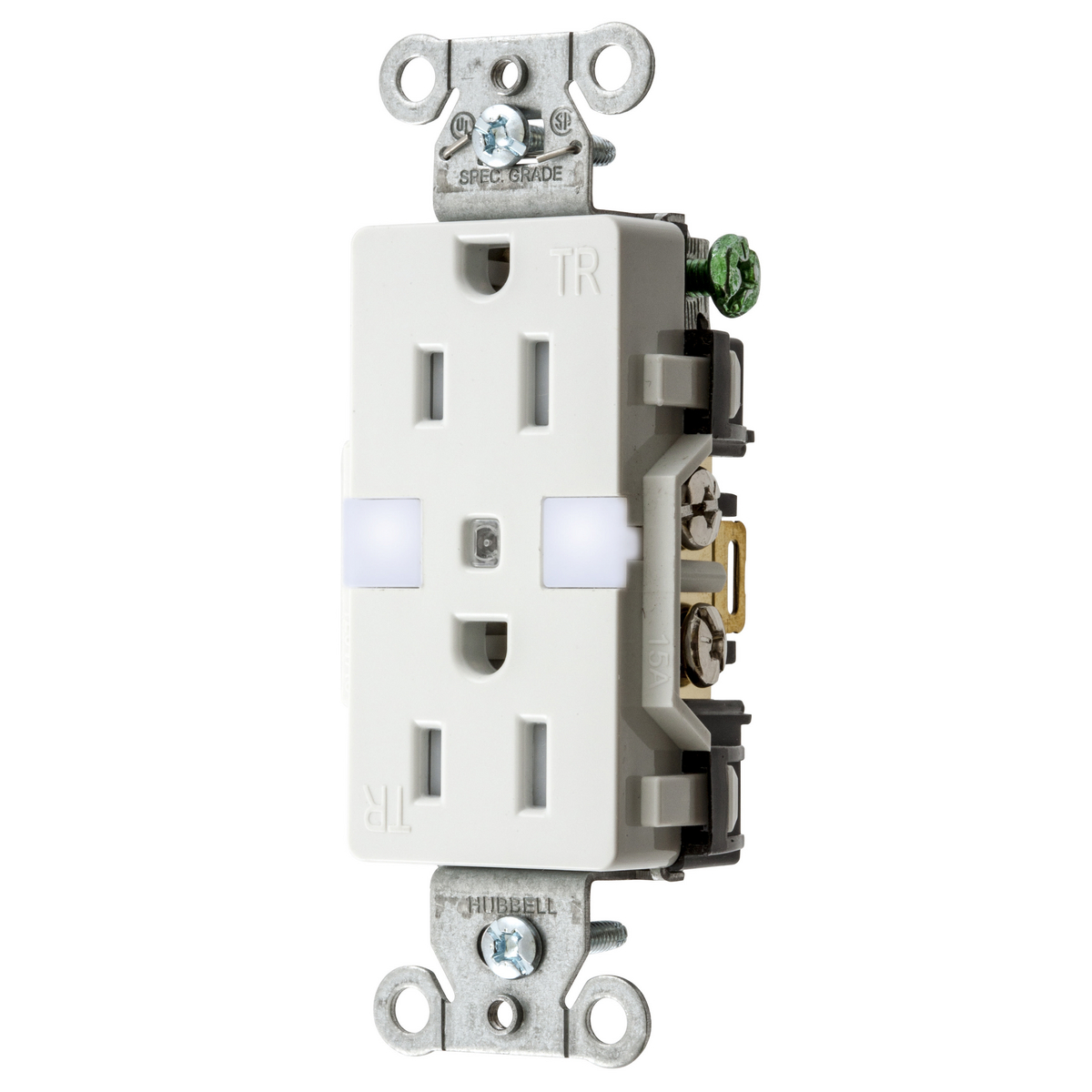 HUB DR15NLWH RECEPTACLE 15A 125V STRAIGHT BLADE TAMPER RESISTANT DECORADUPLES 2POLE 3WIRE W/ NIGHT LIGHT NEMA 5-15R WHITE