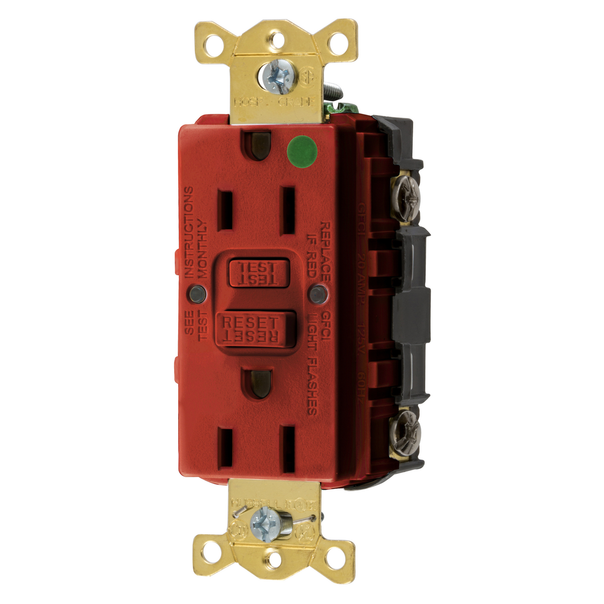 Product image for Receptacle GFCI hospital grade 0.5HP NEMA 5-15R 15A 125V red
