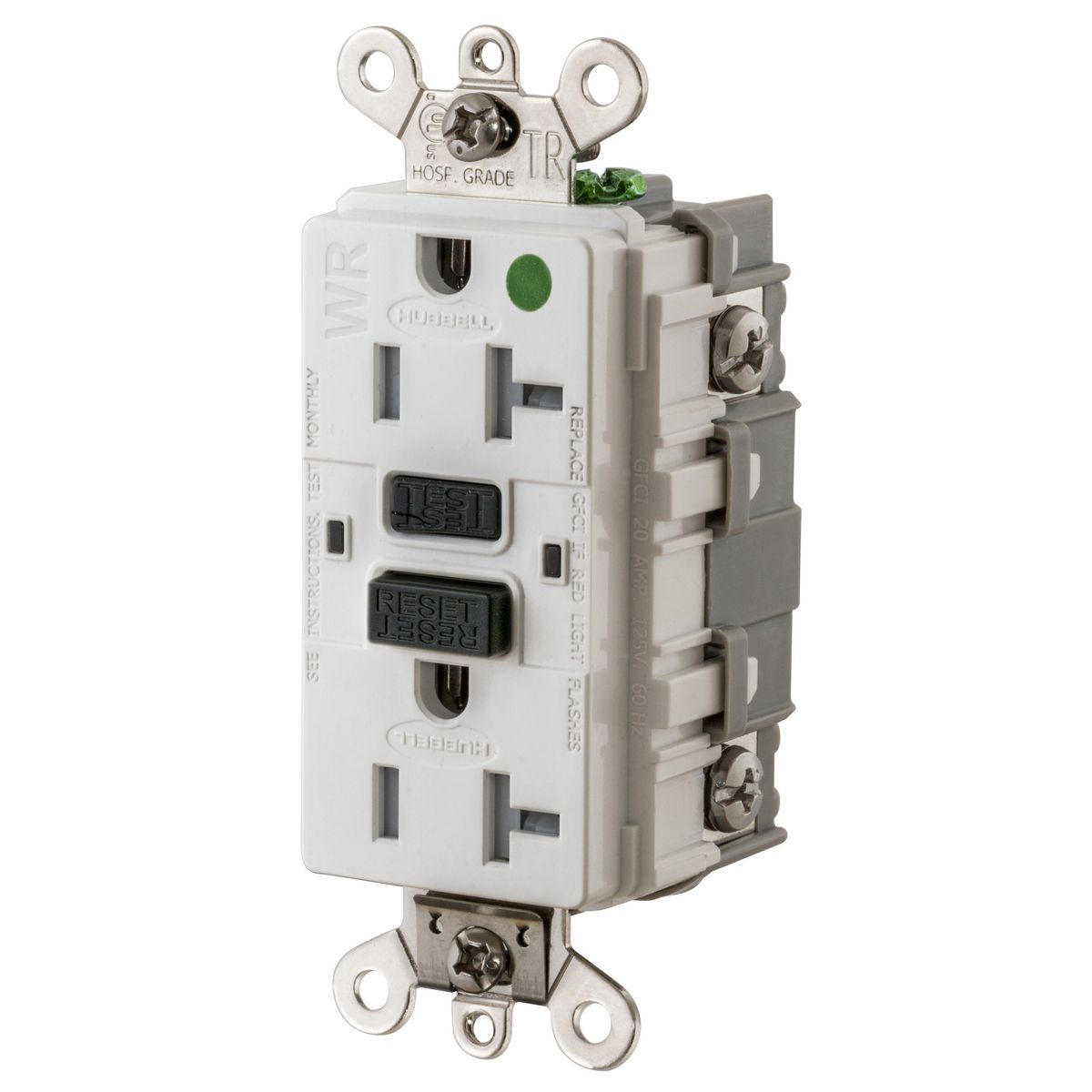 Product image for 20A, 125V Industrial Hospital Grade, Tamper-Resistant, Weather-Resistant, Ground Fault Receptacle, White
