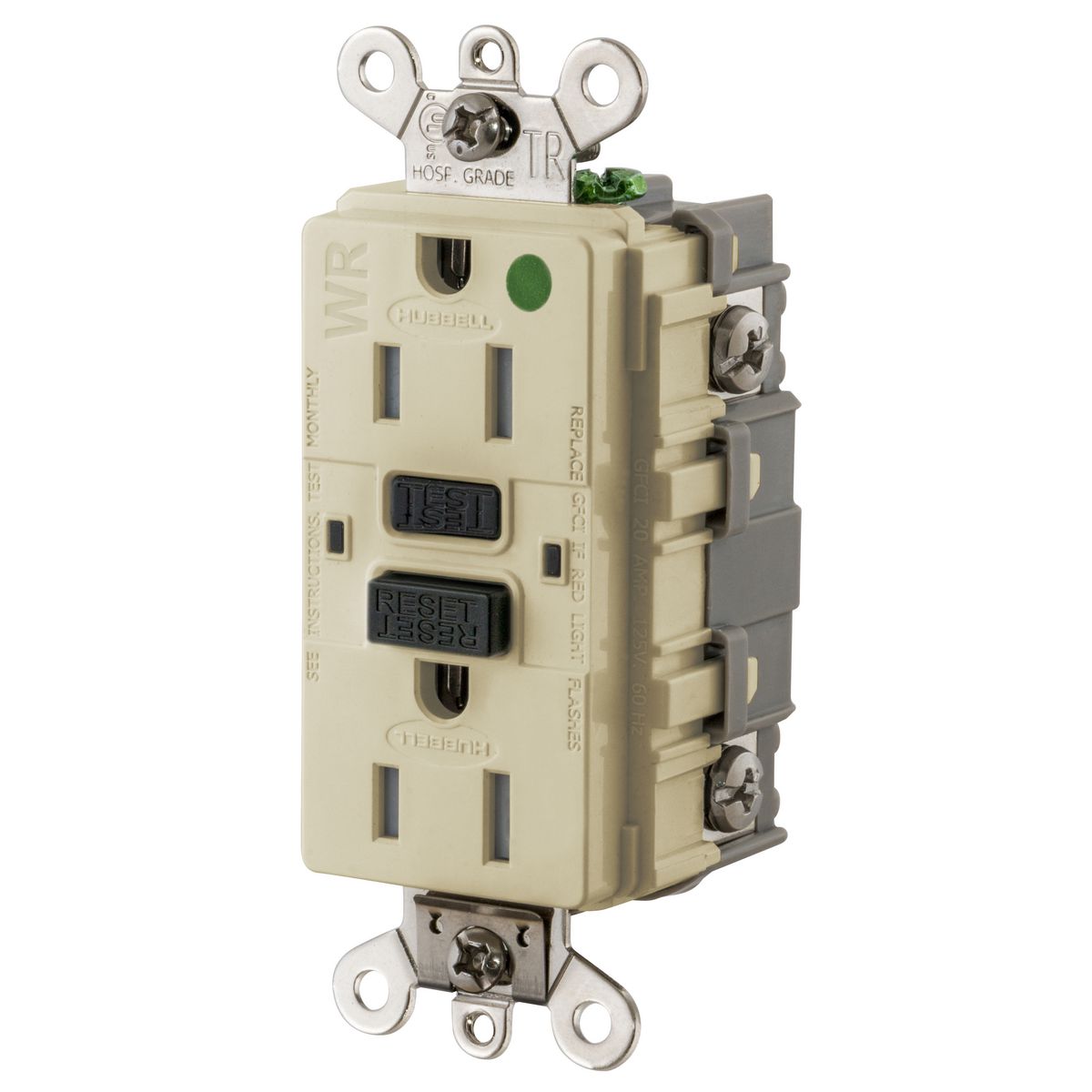 Product image for 15A, 125V Industrial Hospital Grade, Tamper-Resistant, Weather-Resistant, Ground Fault Receptacle, Ivory
