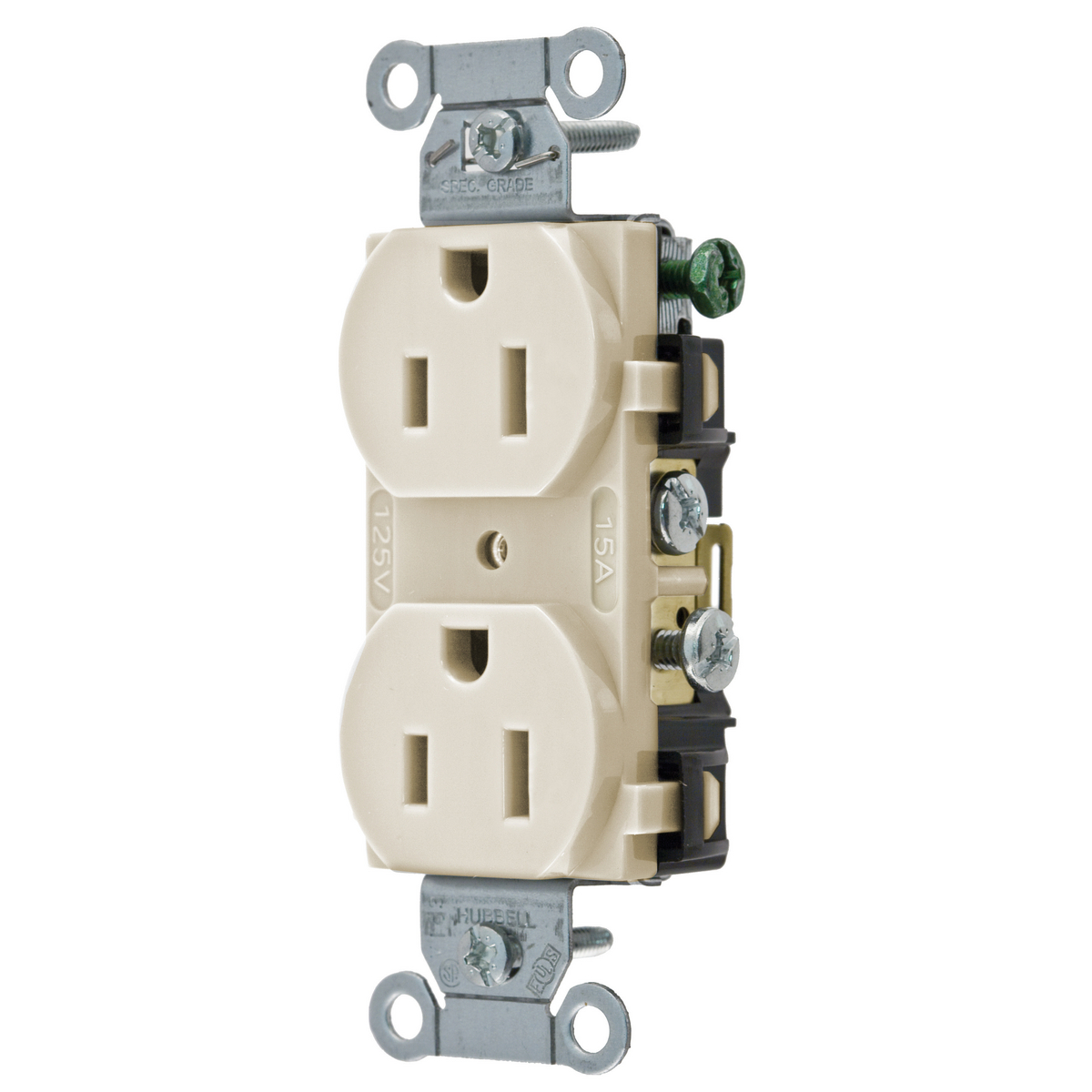 Product image for Receptacle duplex 2-pole specification-grade side wired 15A 125V almond