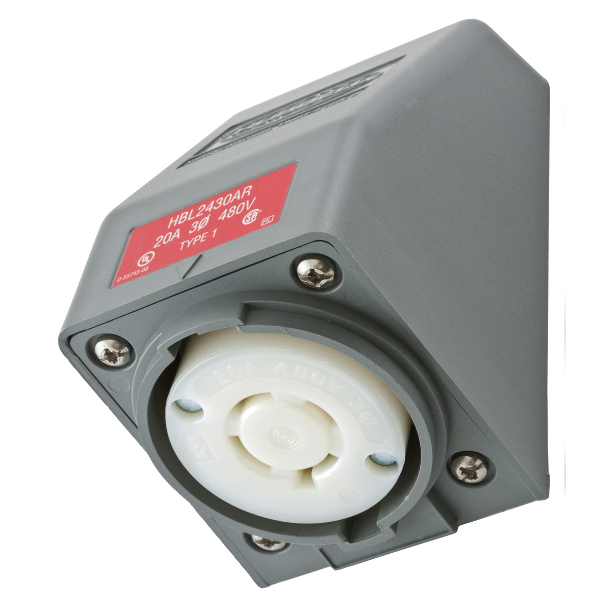 Product image for Receptacle L16-20R outlet angle 3ph 20A 480Vgray