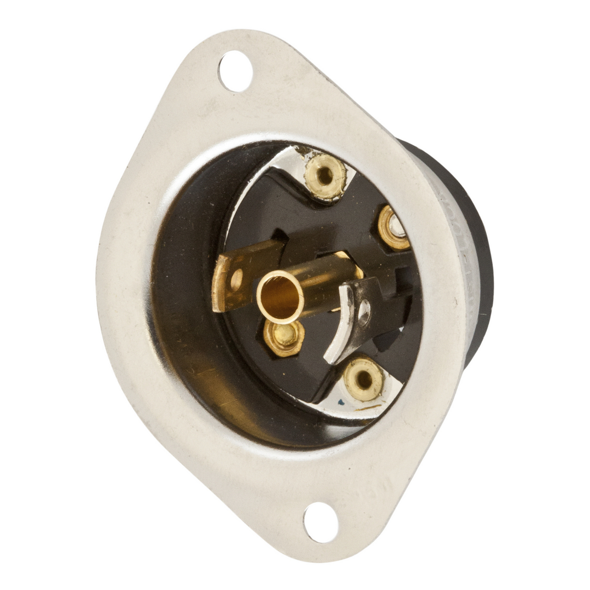 Product image for HUB HBL7595 INLET TL MIDG 15A 125V MALE FLANGED PLUG 2P3W BRASS NEMA ML-2P POLISHED NICKLE
