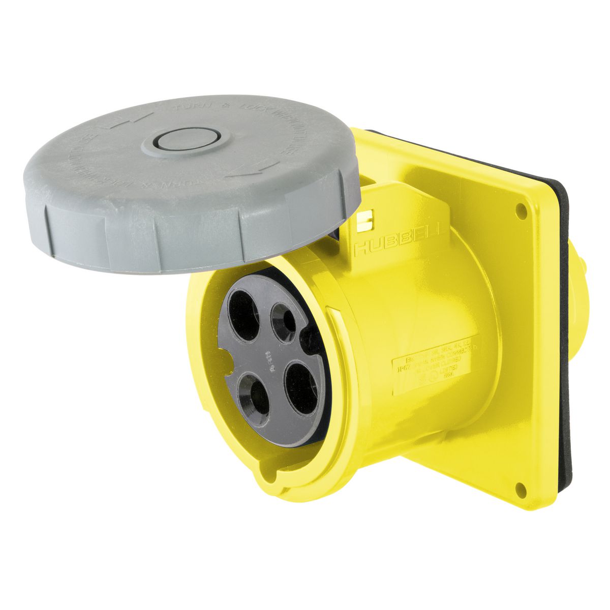 HUBBELL HBL330R4W IEC 309 Pin and Sleeve Devices Single Flanged Pin and  Sleeve Receptacle 30 A, Non-NEMA Yellow