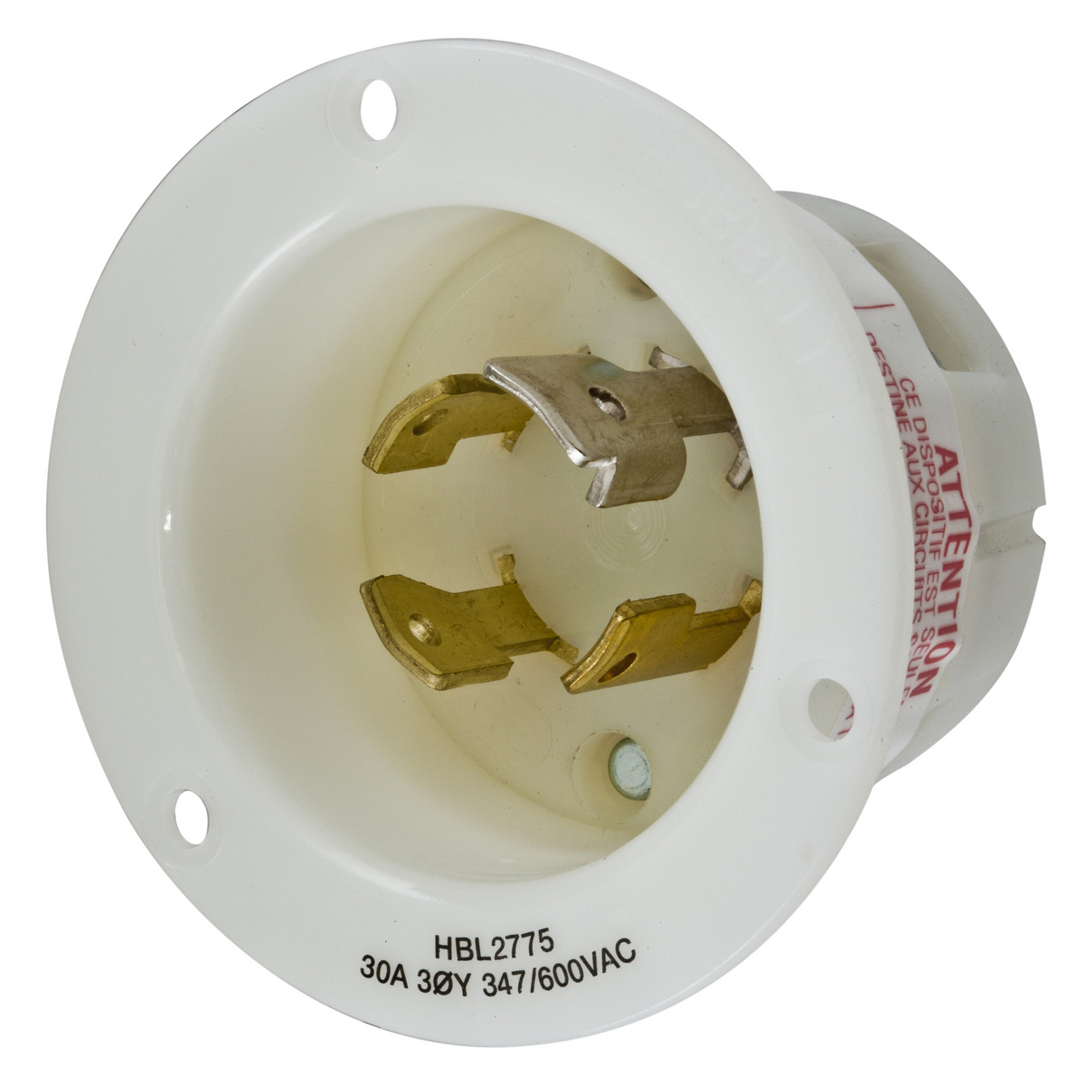 Product image for Inlet flanged 4-pole 4-wire 30A NEMA L20-30P 347/600V white
