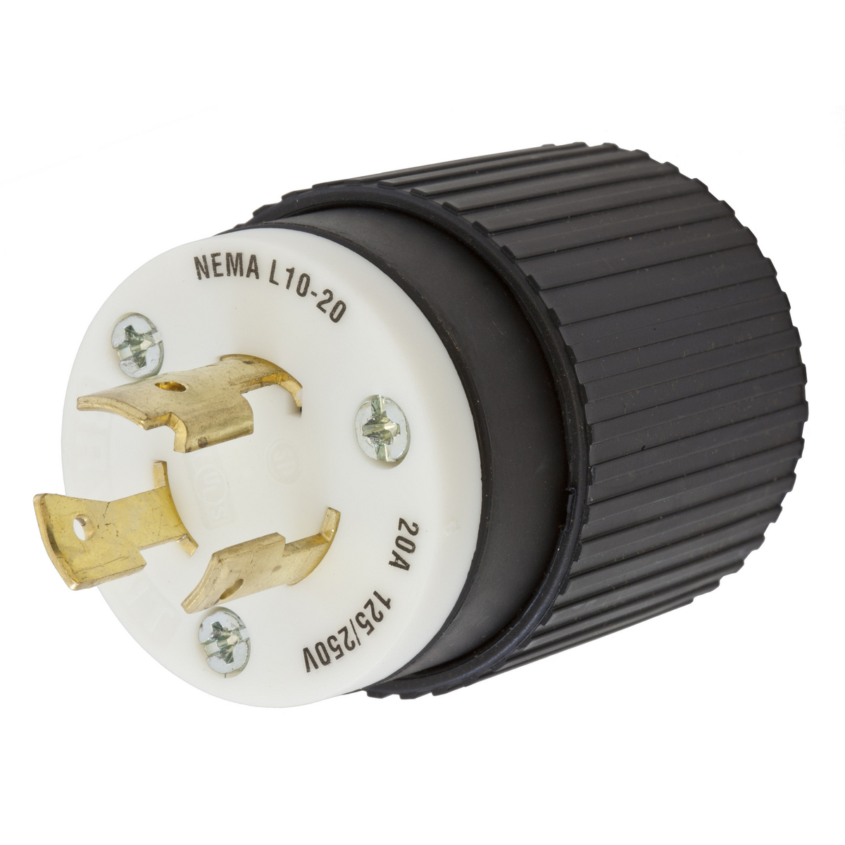Product image for Locking Devices, Twist-Lock®, Industrial, Male Plug, 20A 125/250V, 3-Pole 3-Wire Non-Grounding, L10-20P, Screw Terminal, Black and White
