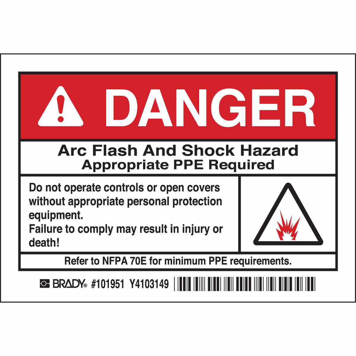 Product image for Arc Flash Labels, DANGER w/Pictogram - Self-Sticking Polyester, 3.5" H x 5" W x 0.006" D, Pack of 5 Labels, Black/Red on White