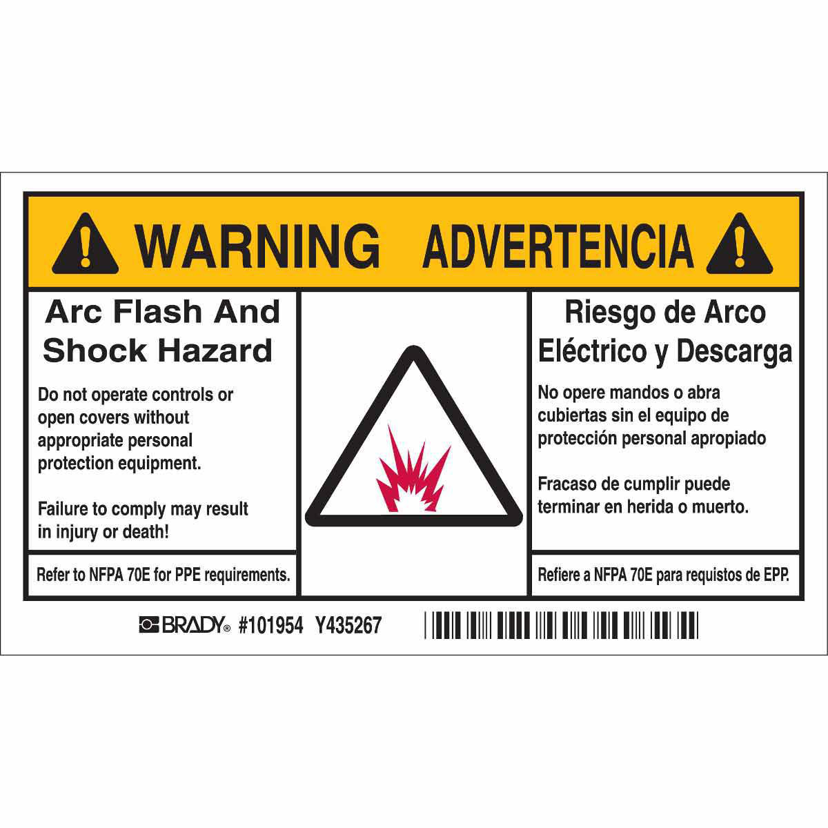Product image for Arc Flash Labels - Self-Sticking Polyester, English/Spanish Bilingual, Roll of 100 Labels, Black/Yellow on White