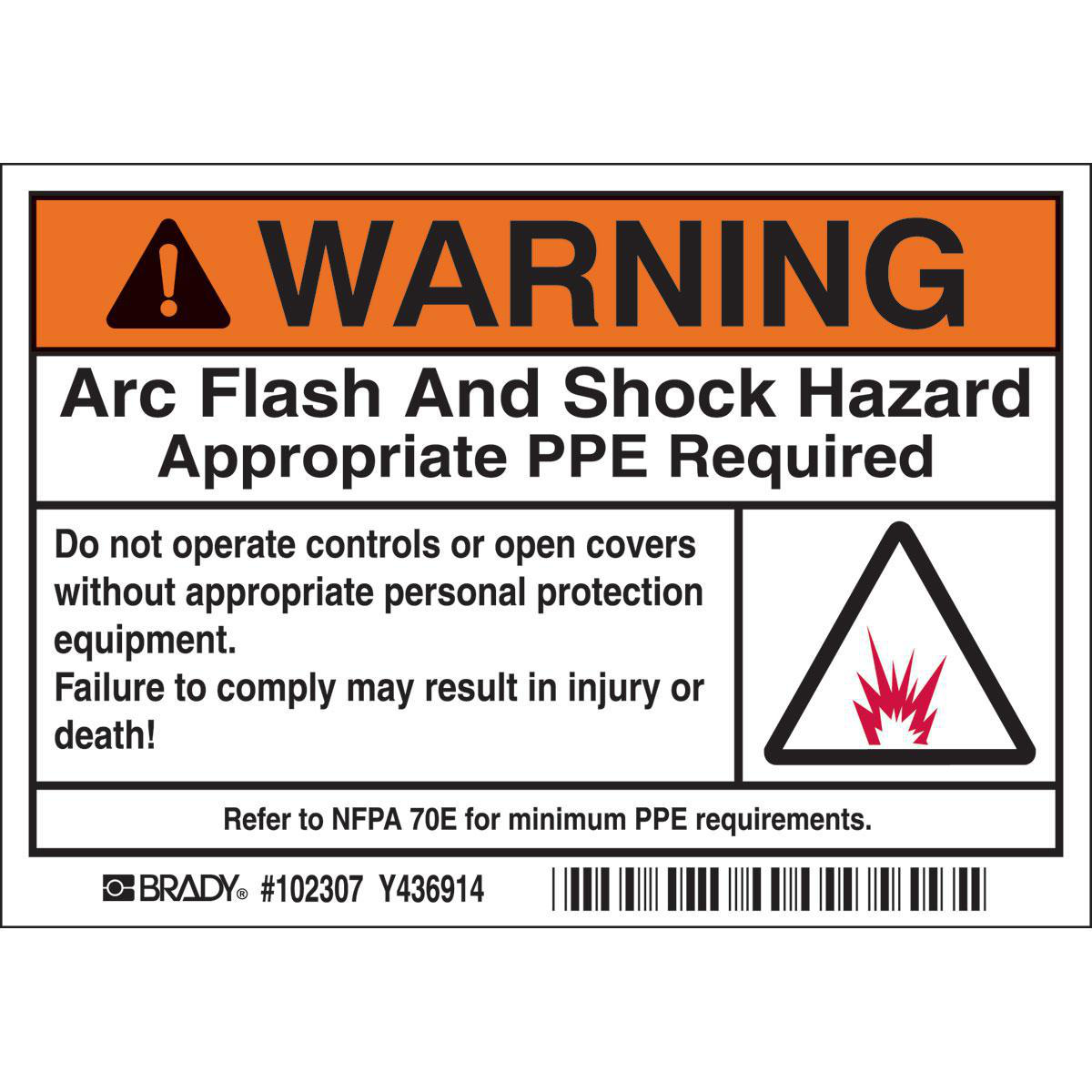 Product image for Arc Flash Labels, WARNING w/Pictogram - Self-Sticking Polyester, 3.5" H x 5" W x 0.006" D, Roll of 100 Labels, Black/Orange on White