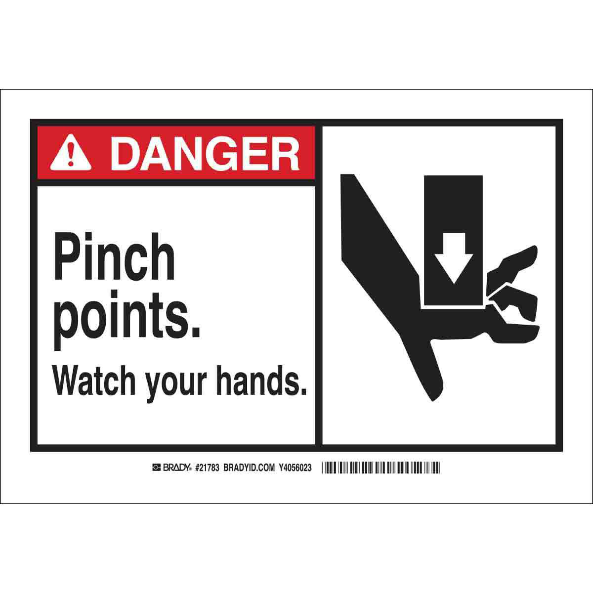 Product image for DANGER Pinch Points. Watch Your Hands. Sign, 7" H x 10" W x 0.035" D, Aluminum, Black/Red on White
