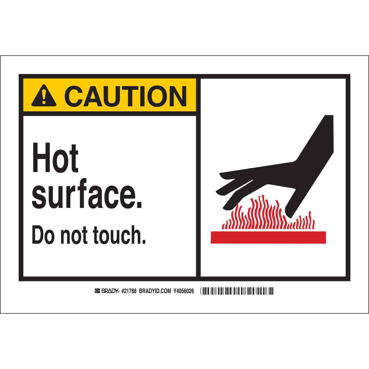 Product image for CAUTION Hot Surface. Do Not Touch. Sign, 3.5" H x 5" W x 0.006" D, Polyester, Black/Red/Yellow on White